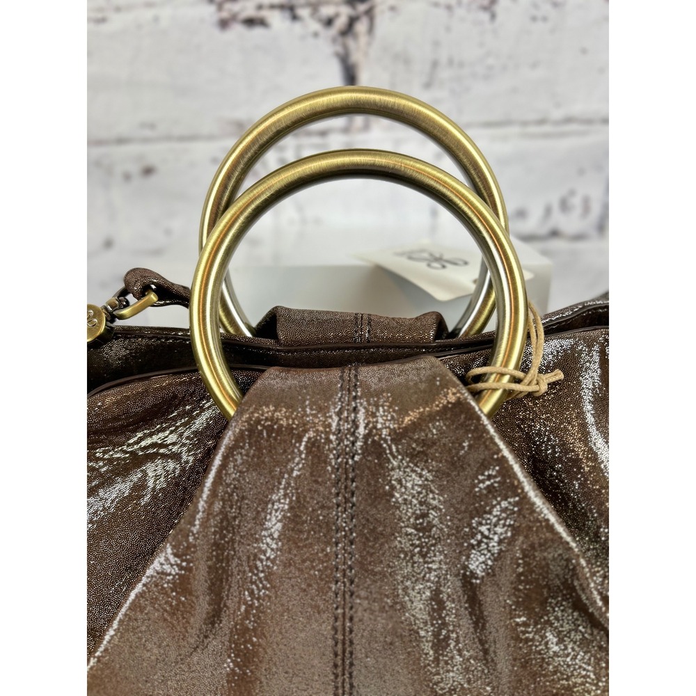 Hobo Brown Leather Metallic‎ Ring Handle Shoulder Bag Purse - Picture 5 of 12